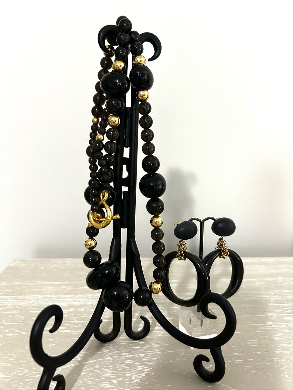 Black and Gold Beaded Necklace with Hoop Earrings